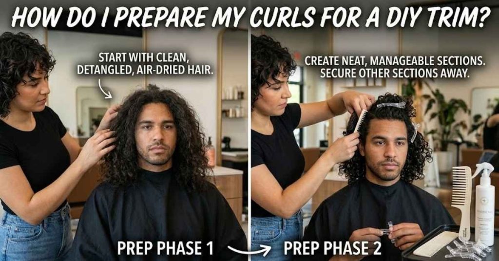 How do I prepare my curls for a DIY trim?